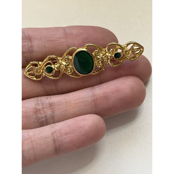 Vintage Gold Tone Bar Brooch Green Enamel Filagree 2” - Picture 2 of 4